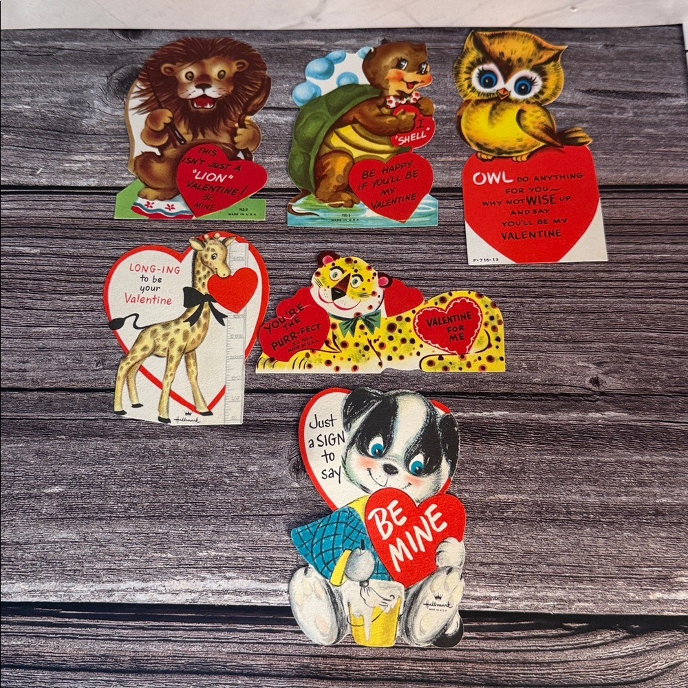 Vintage Animal-Themed 6 Valentine's Day Cards lion turtle owl giraffe lion dog